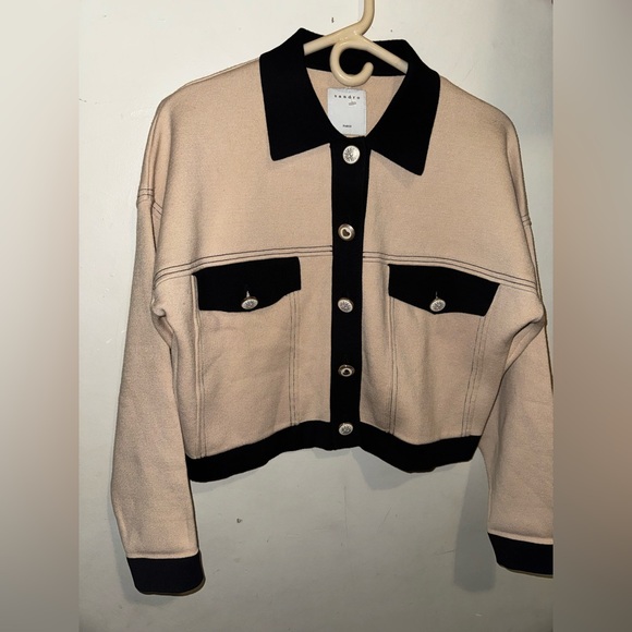 NWOT Sandro Cher Cropped Contrast-Trim Knit Cardigan Caotigan - Picture 3 of 9